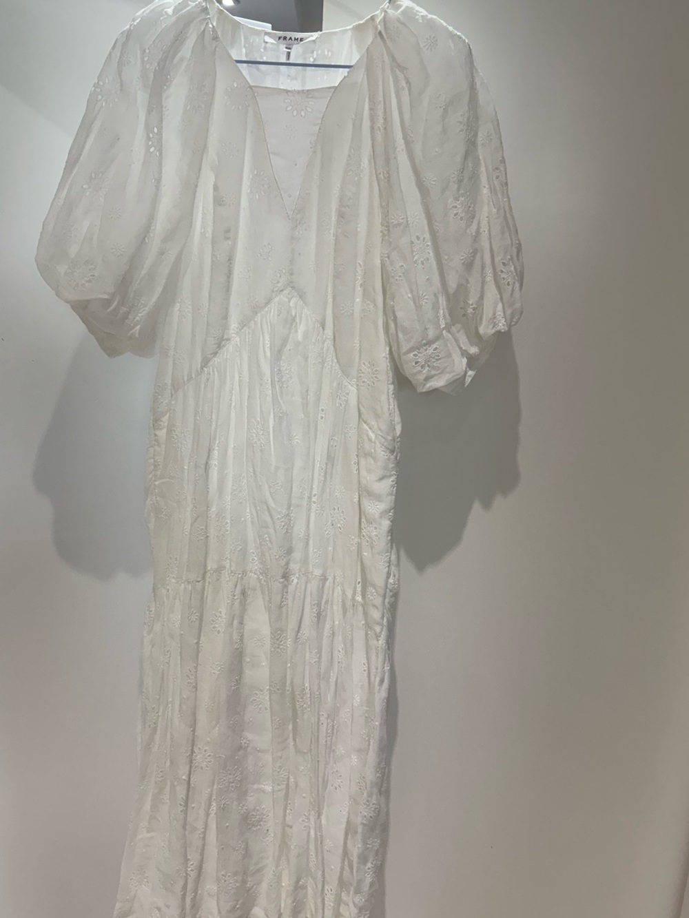Frame Denim White Eyelet V-Neck Puff-Sleeve Maxi Dress